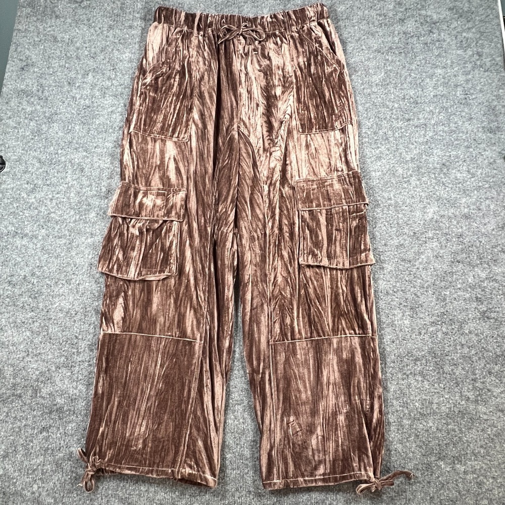 Arula Velvet Cargo Pants Womens 33 Brown Stretch High Waisted Drawstring Utility